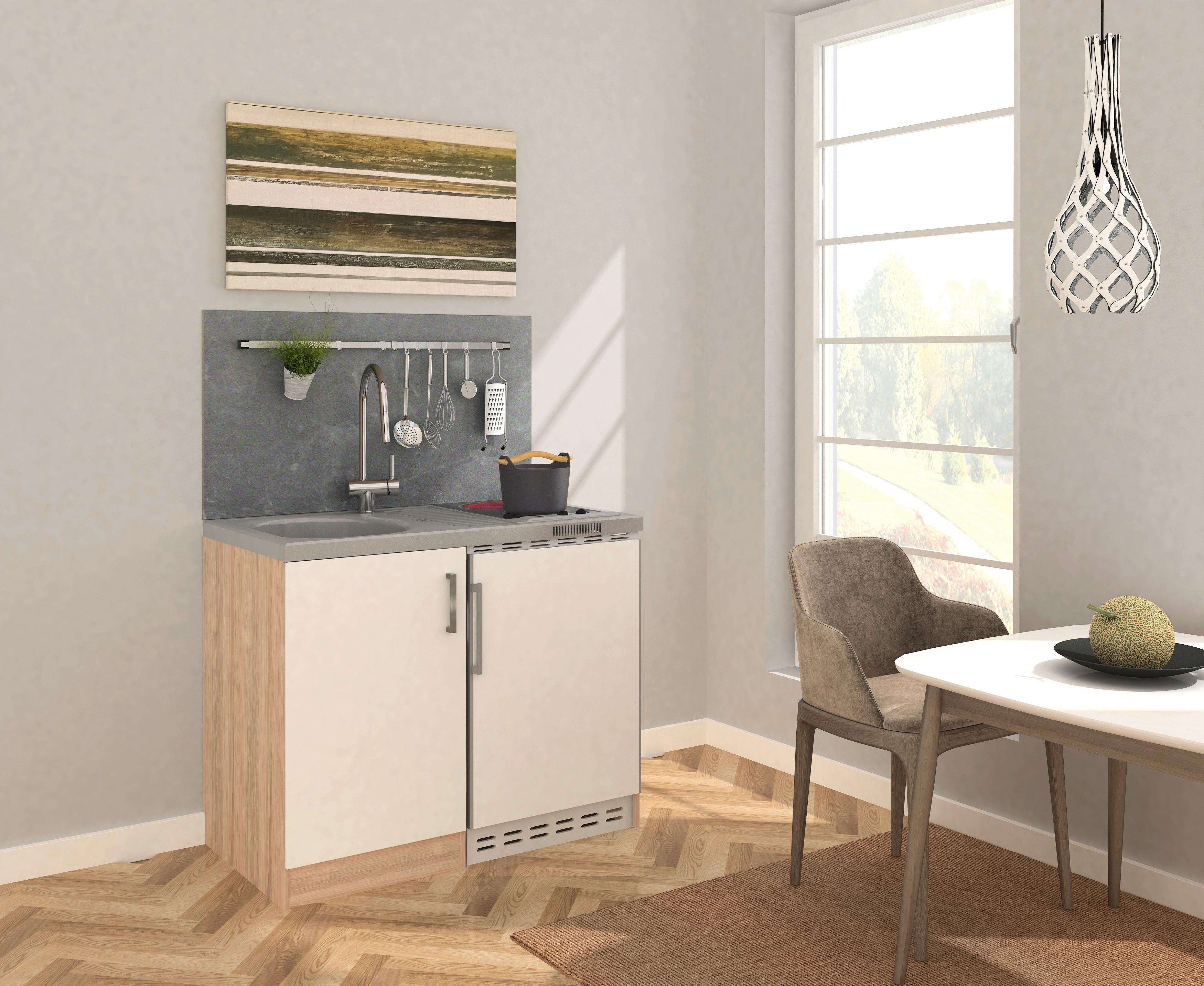Respekta Miniküche mit Kühlschrank + Kochfeld 100 cm Weiß/Eiche