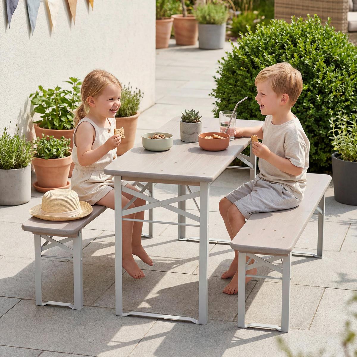 Kindersitzgruppe natur/Grün 3-Teilig. - Hellgrau/Weiß, Basics, Holz/Metall (109cm)