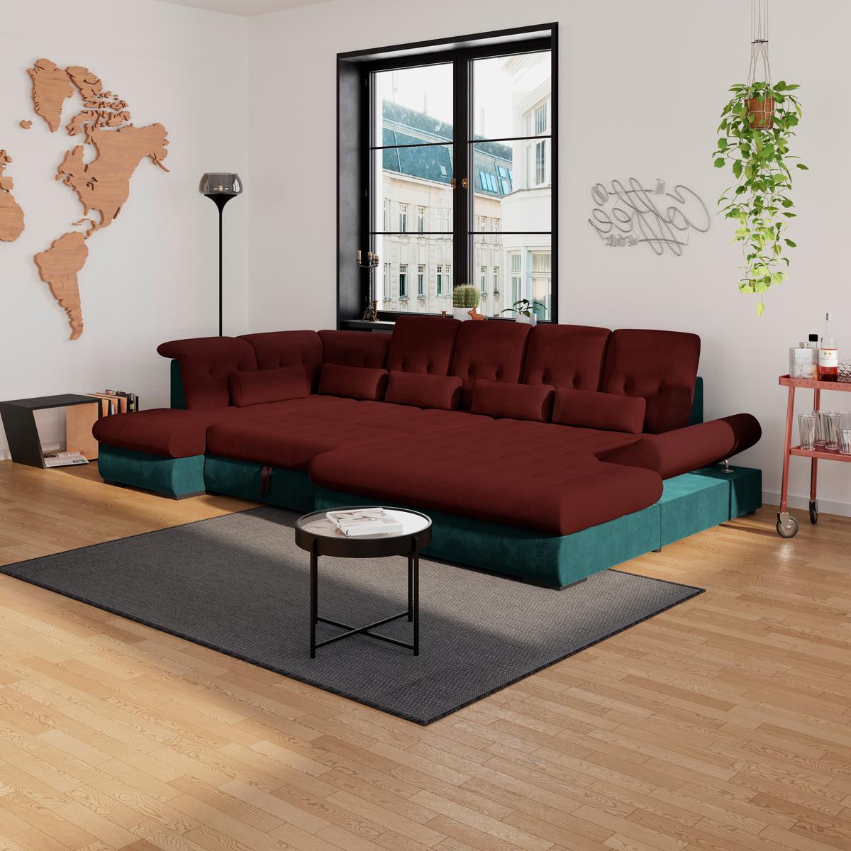 Wohnlandschaft Madera Rubinrot U: 212x358x190 cm - Türkis/Rot, KONVENTIONELL, Kunststoff/Textil (212/358/190cm)