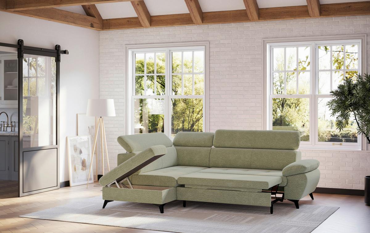 Ecksofa mit Bettfunktion Hudson, Chenille Olivgrün - Schwarz/Olivgrün, KONVENTIONELL, Textil (207/256cm) - Sembella