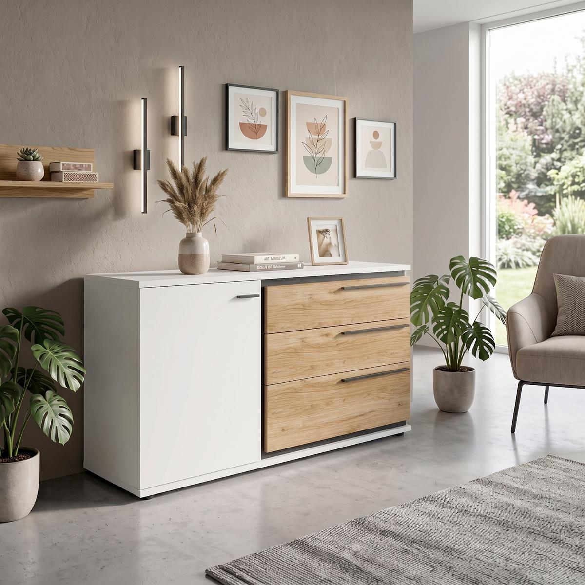 Kommode Salinas B: 132,9 cm Alpinweiß/Eichefarben/Schwarz - Eichefarben/Schwarz, Trend, Holzwerkstoff (132,9/85/40cm)
