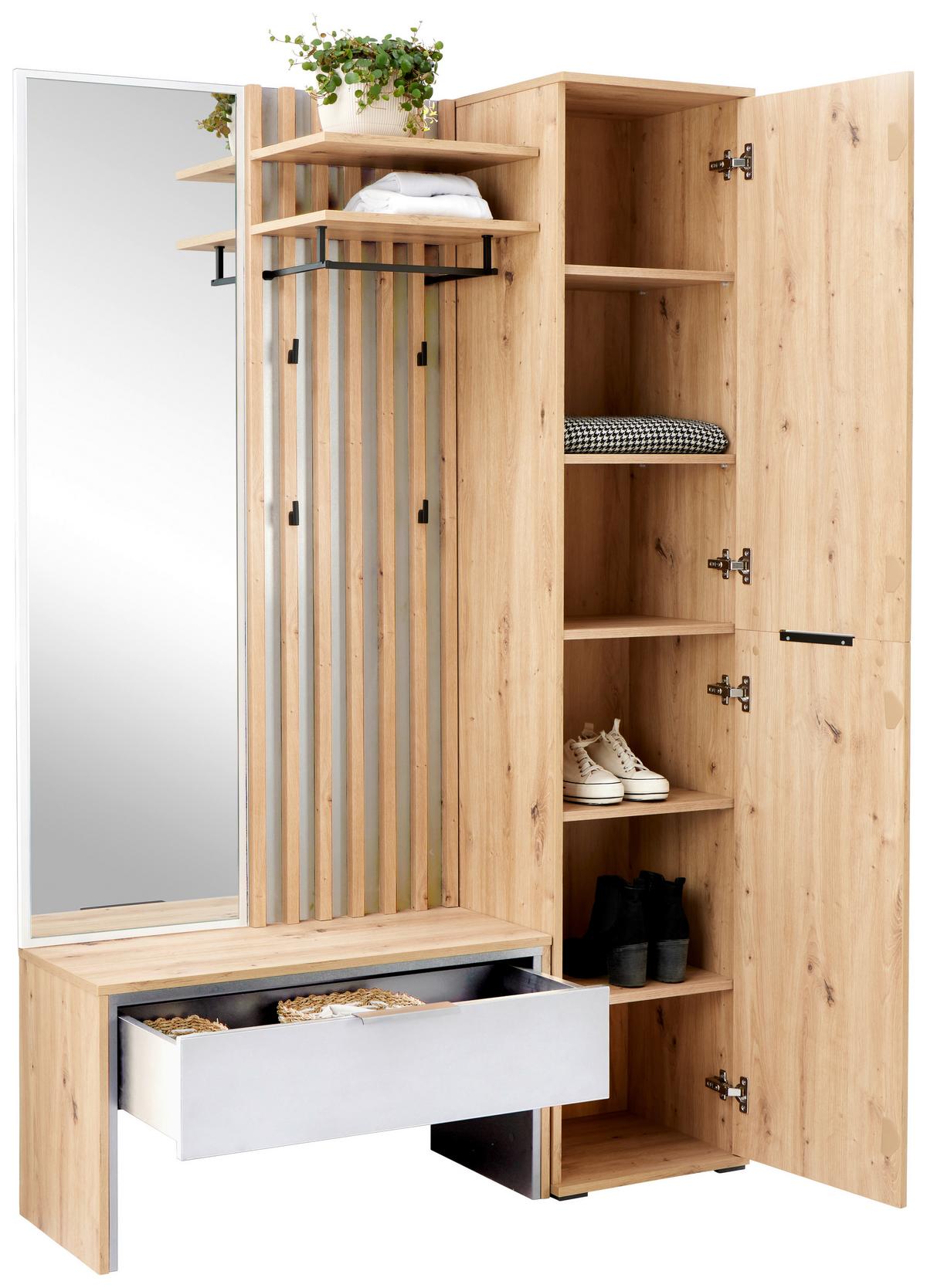 Garderobe Madera Weiß/eichefarben B: 122 Cm - Weiß/Eiche Artisan, Trend, Holzwerkstoff (122/190/38cm)