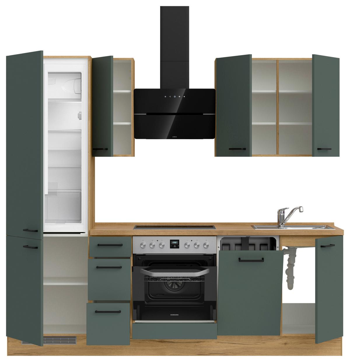 Kuchyňská linka 240 cm, minerální zelená,ultra matná - barvy dubu/černá, Moderní, kov/kompozitní dřevo (240cm) - Nobilia