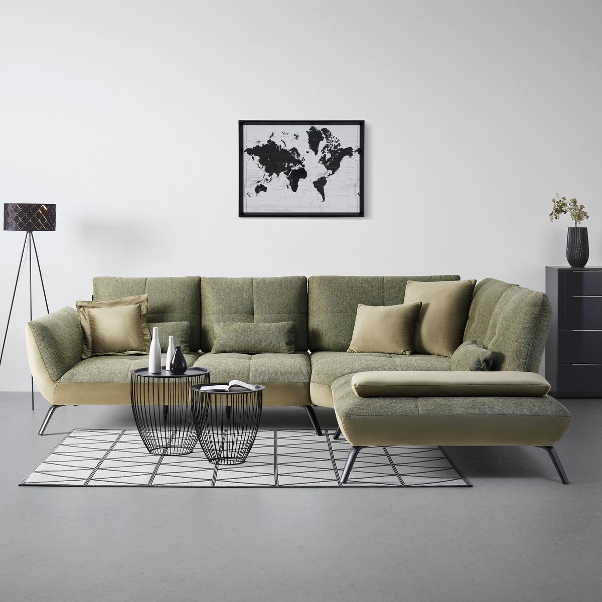 TRENDY, pravá, antracitová, s 3 bedrovými vankúšmi - olivovozelená/čierna, Modern, kov/kompozitné drevo (310/250/250cm) - Premium Living