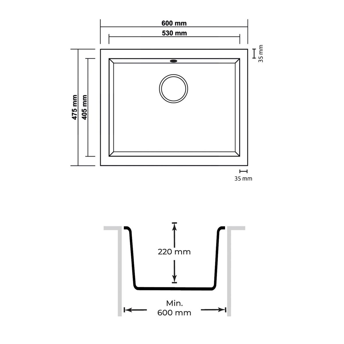 SPÜLE Nelson, Schwarz B: 60 cm - Schwarz, Trend, Stein (60/22/47,5cm) - Respekta
