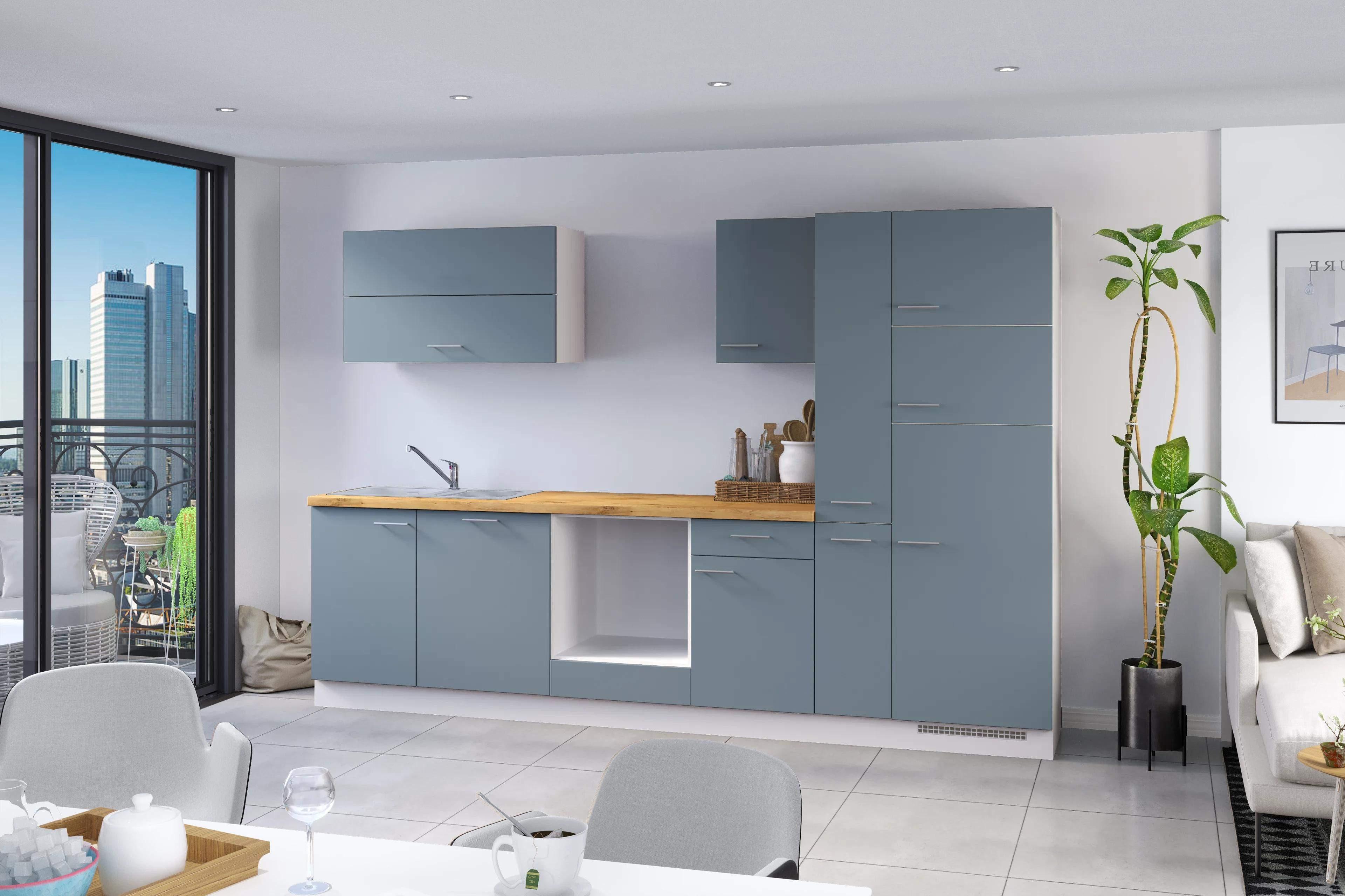 Küchenzeile Ip1200 Ohne Geräte 310 Cm Taupeblau - Blau/Eichefarben, Basics, Holzwerkstoff (310cm)