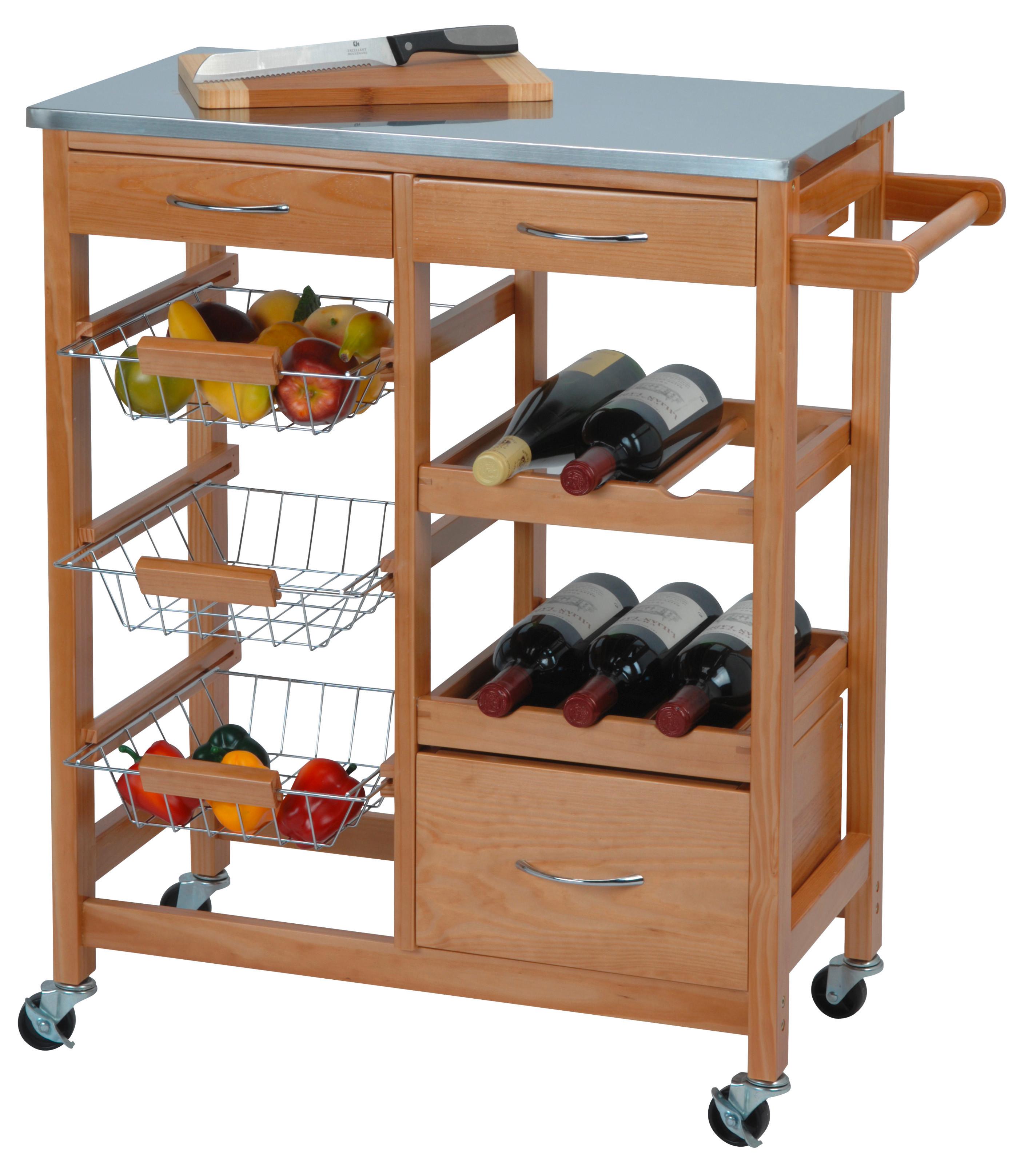 Servierwagen Holz Massiv Kieferfarben Mit 3 Ablagen - Kieferfarben, Basics, Holz (66/84/36cm)