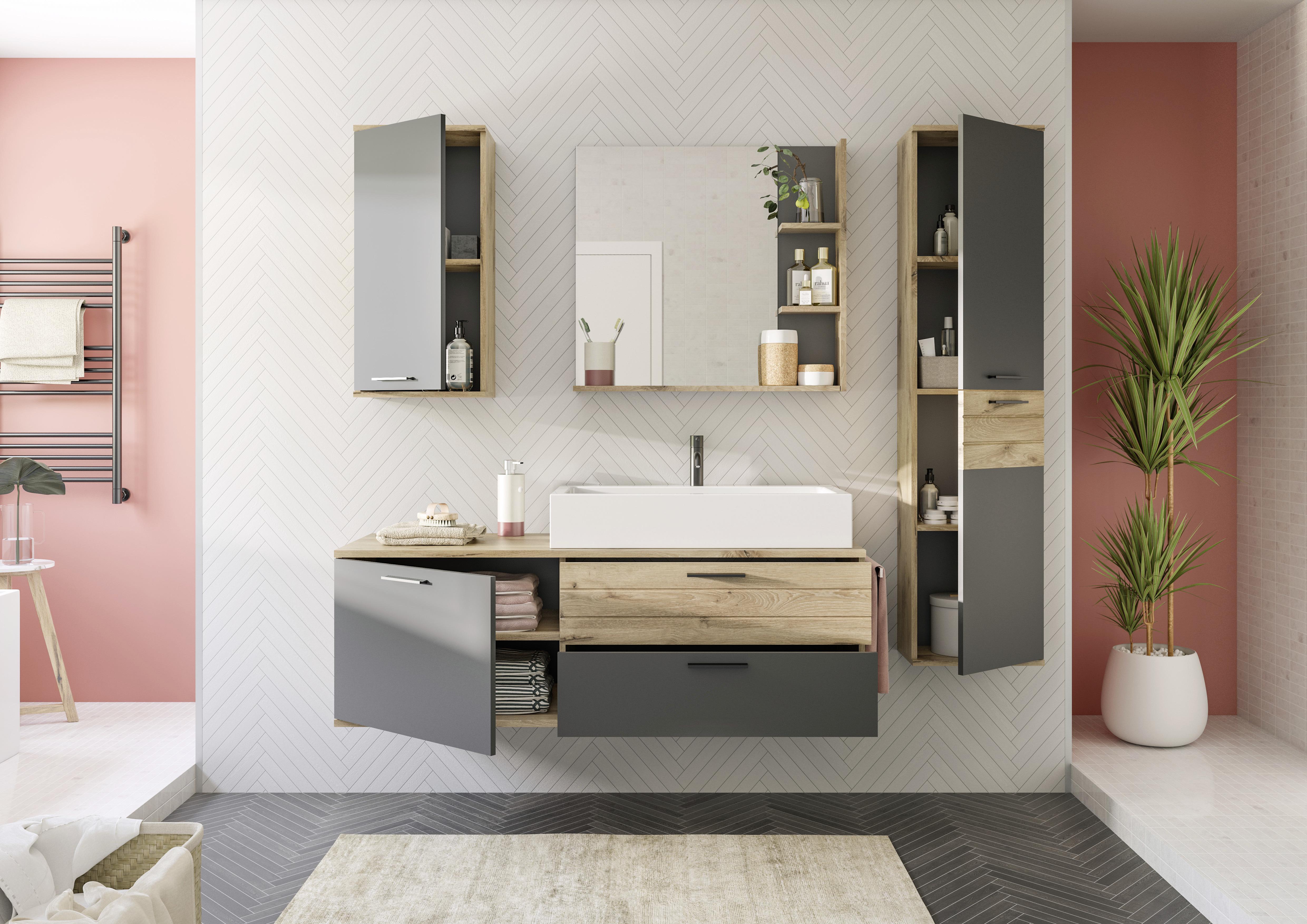 Waschbecken mit Unterschrank Mason B: 140 cm Eichefarben - Eichefarben/Weiß, MODERN, Holzwerkstoff/Stein (140cm) - MID.YOU
