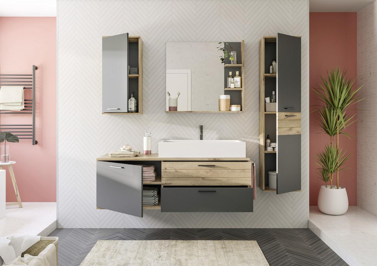 Waschbecken mit Unterschrank Mason B: 140 cm Eichefarben - Eichefarben/Weiß, MODERN, Holzwerkstoff/Stein (140cm) - MID.YOU