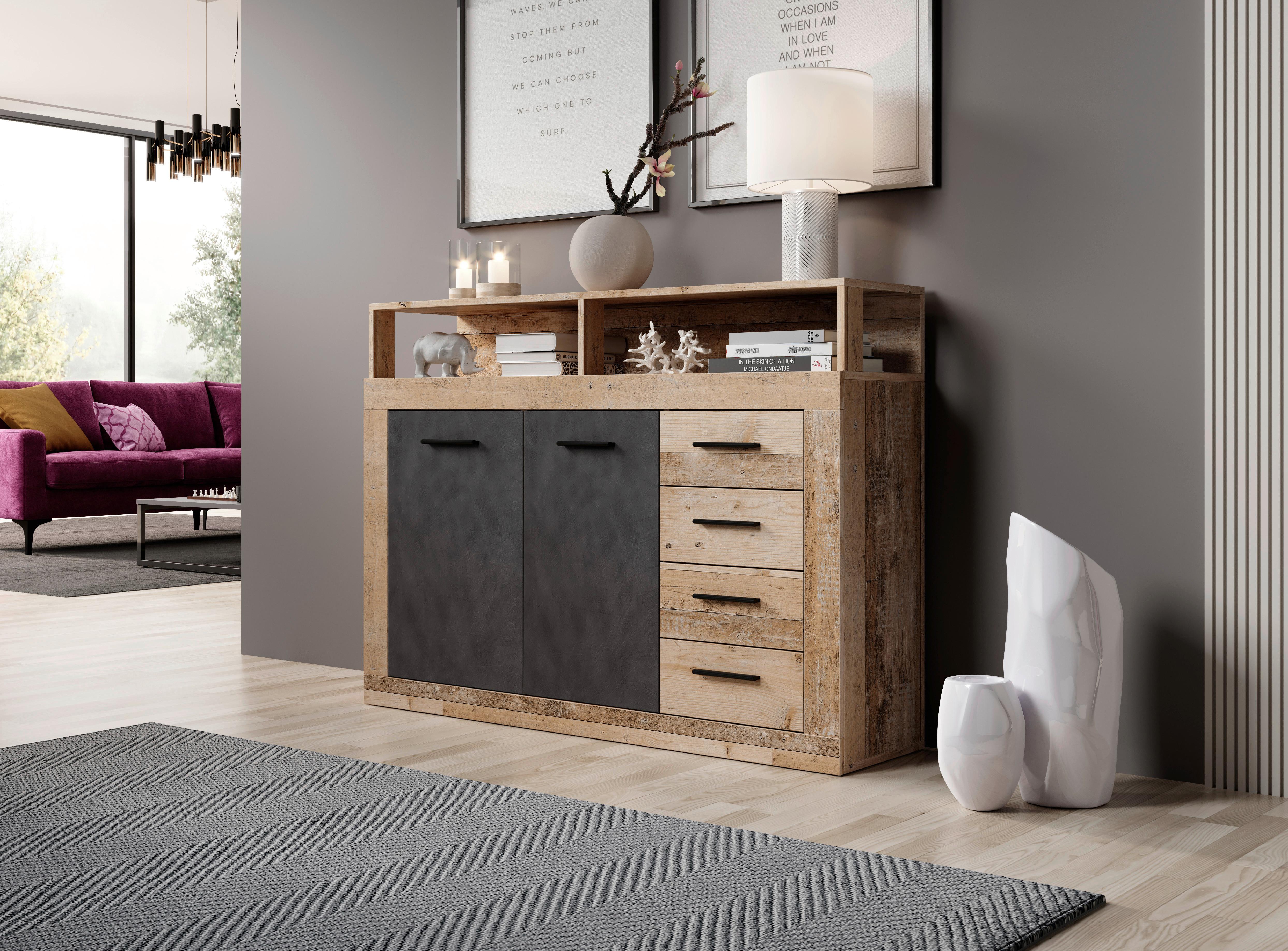 Kommode 119,5cm Luna A Anthrazit - Eichefarben/Anthrazit, Design, Holzwerkstoff (119,5/96,8/32cm) - MID.YOU