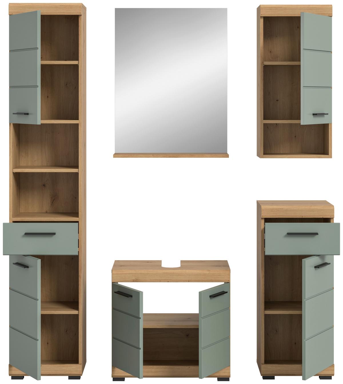 Badezimmer Scout Eiche Dekor/Salbeigrün B:134cm - Salbeigrün/Eichefarben, MODERN, Glas/Holzwerkstoff (134cm) - MID.YOU