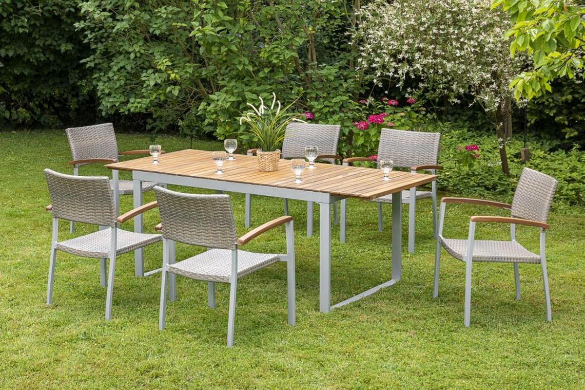 Gartentisch ausziehbar Nayos Akazie/Aluminium L: 150-200 cm - Silberfarben/Akaziefarben, ROMANTIK / LANDHAUS, Holz/Metall (150-200/90/74cm) - Gardenson