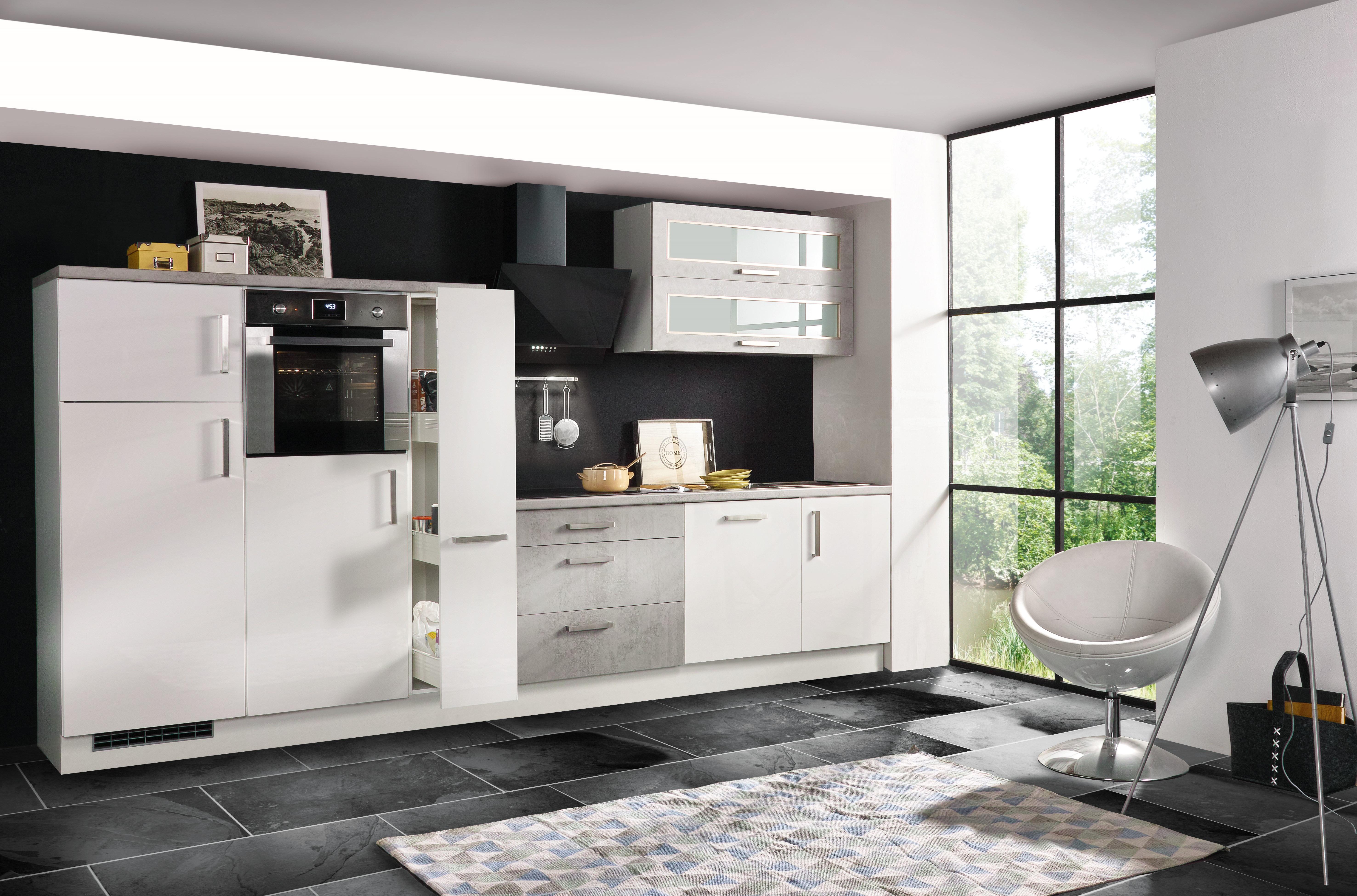 Küchenzeile Premium mit Geräten 350 cm Betonoptik/Weiß Elegant - Hellgrau/Weiß, MODERN, Holzwerkstoff (350cm) - Respekta