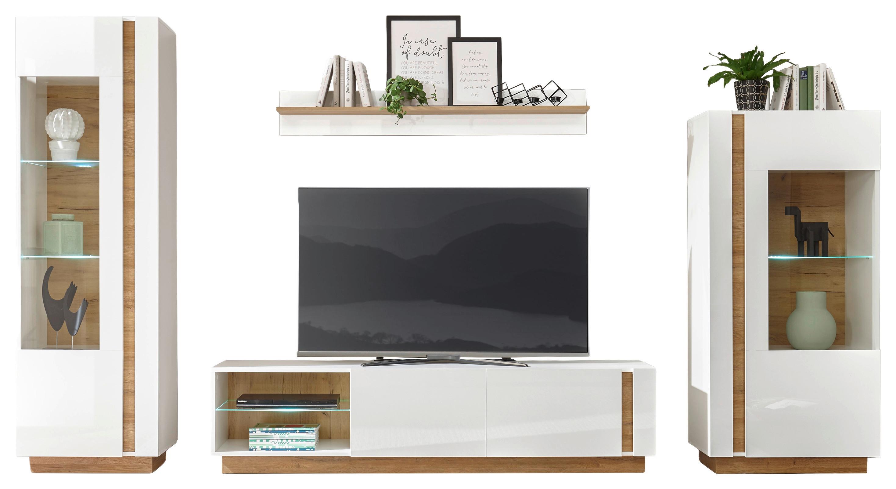 Wohnwand Clair Weiß/Eichefarben B: 340cm - Eichefarben/Weiß, Design, Glas/Holzwerkstoff (340/194/40cm) - MID.YOU