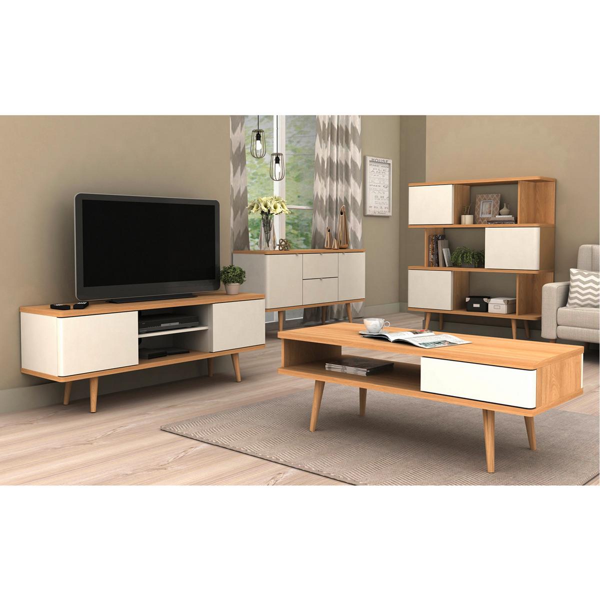 Lowboard Alandra Creme Weiß Eichefarben - Eichefarben/Creme, Design, Holzwerkstoff (140/52/39cm) - MID.YOU