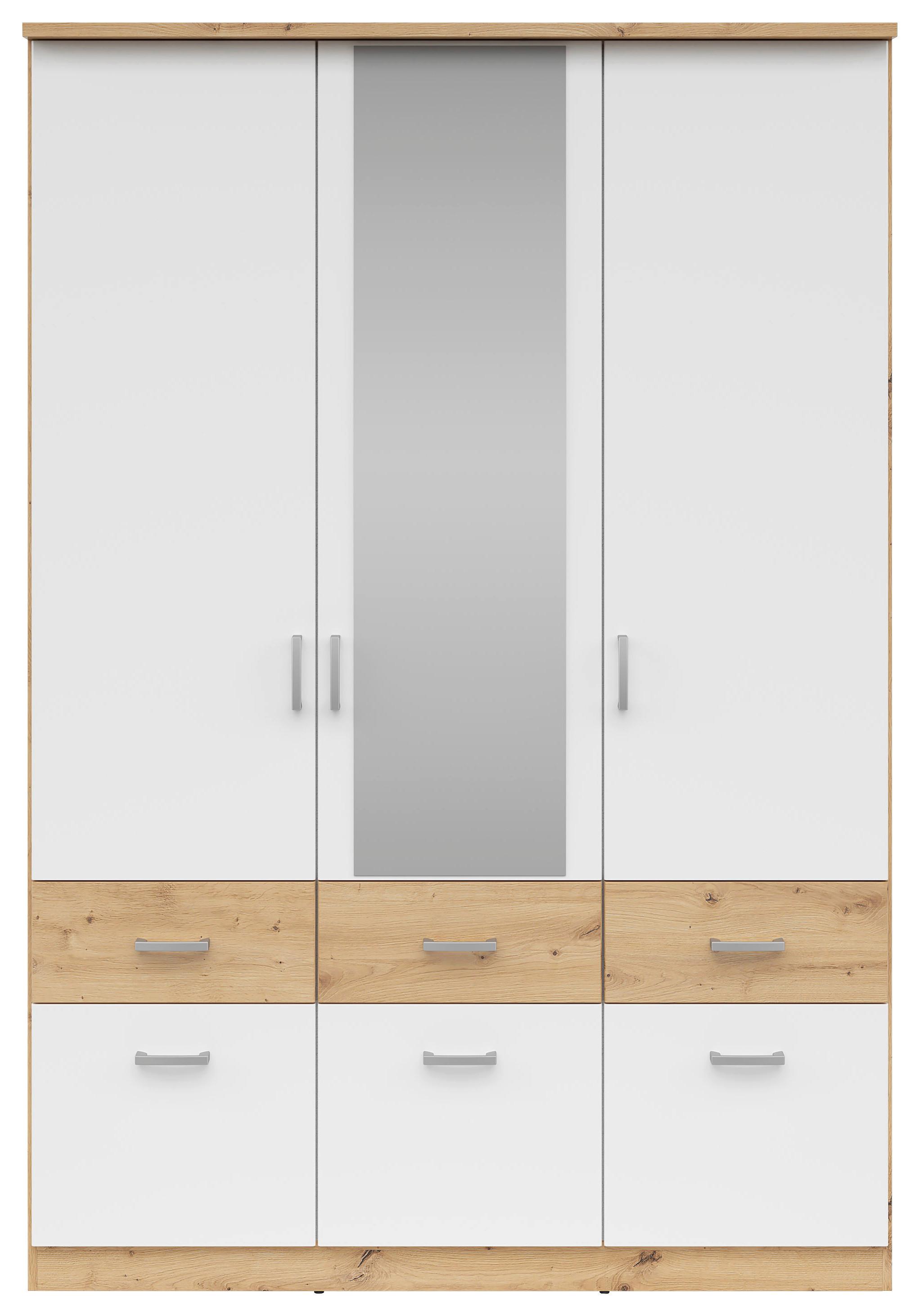 Moderner Drehtürenschrank in eichefarben und Weiß mit Spiegelfläche