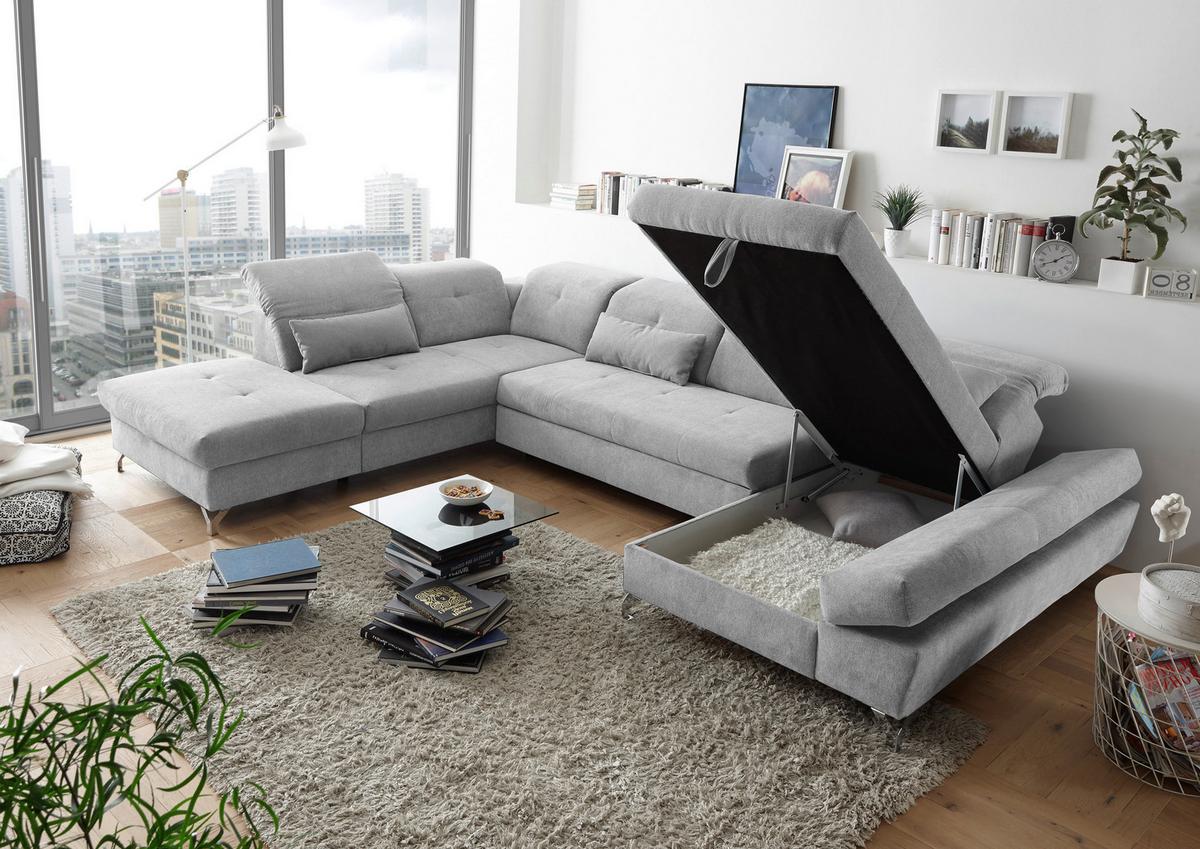 Ecksofa Melfi Hellgrau U: 245 cm - Silberfarben/Hellgrau, MODERN, Textil (245/350/168cm) - MID.YOU