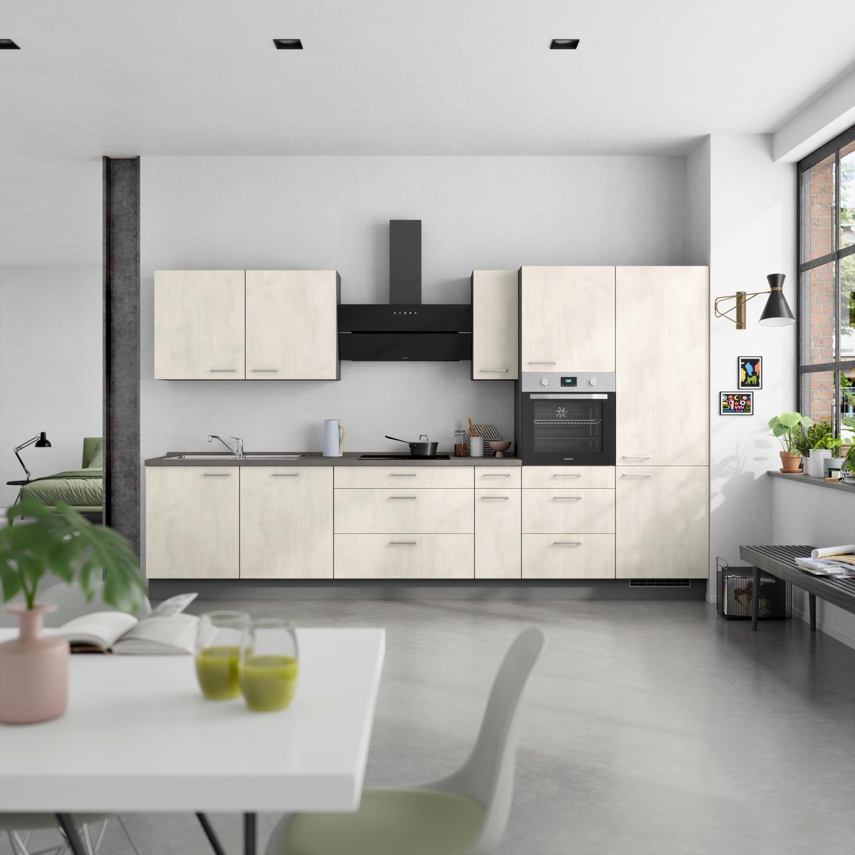 Kuchynská linka 360CM biely betón/ bridlicová šedá - biela/farba ušľachtilej ocele, Modern, kov/kompozitné drevo (360cm) - Nobilia