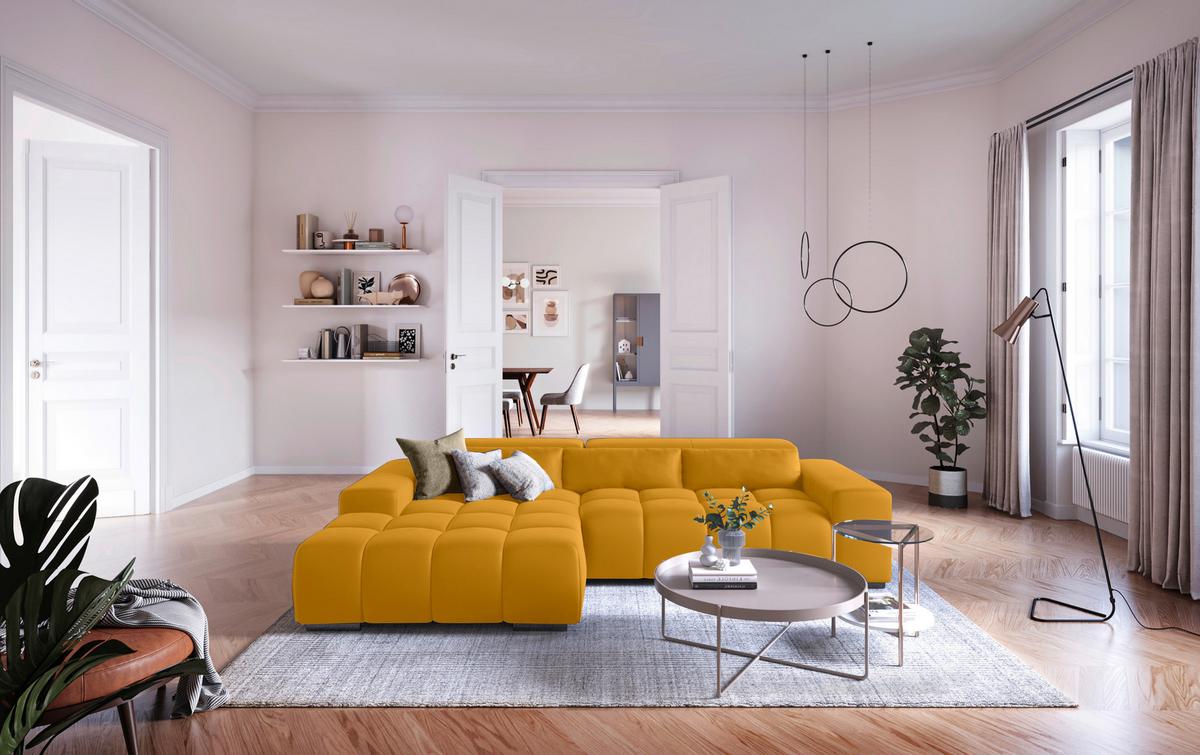 Ecksofa mit Relaxfunktion Orion Kopfstütze Klappbar Currygelb - Currygelb/Silberfarben, KONVENTIONELL, Textil (186/307cm) - Livetastic