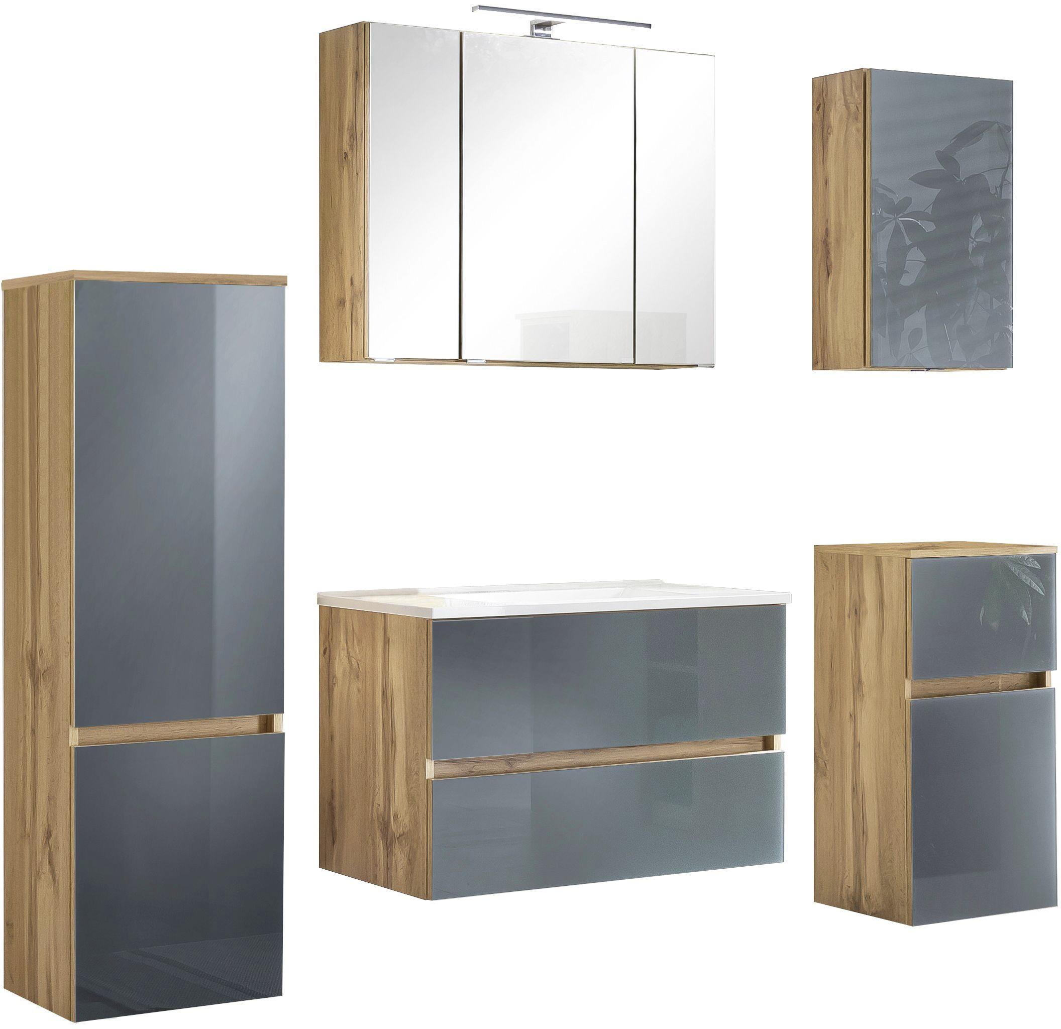 Badmöbel-Set 6-Teilig inkl. LED Helsinki, Grau/Eiche - Eichefarben/Weiß, KONVENTIONELL, Glas/Holzwerkstoff (160cm) - Held