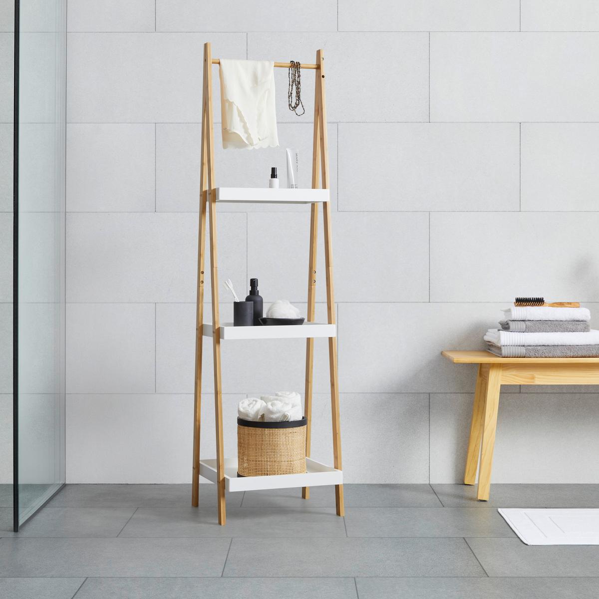 Regál z bambusu Mirela - biela/prírodná farba, Modern, kompozitné drevo/prírodné materiály (43/160/40cm) - Bessagi Home