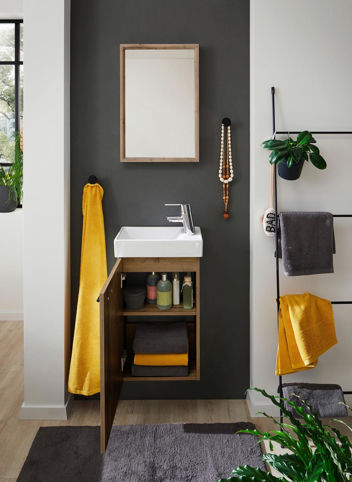 Hosťovská kúpeľňa AMY - divoký dub/biela, Modern, kompozitné drevo/sklo (41/165/23cm) - Mömax