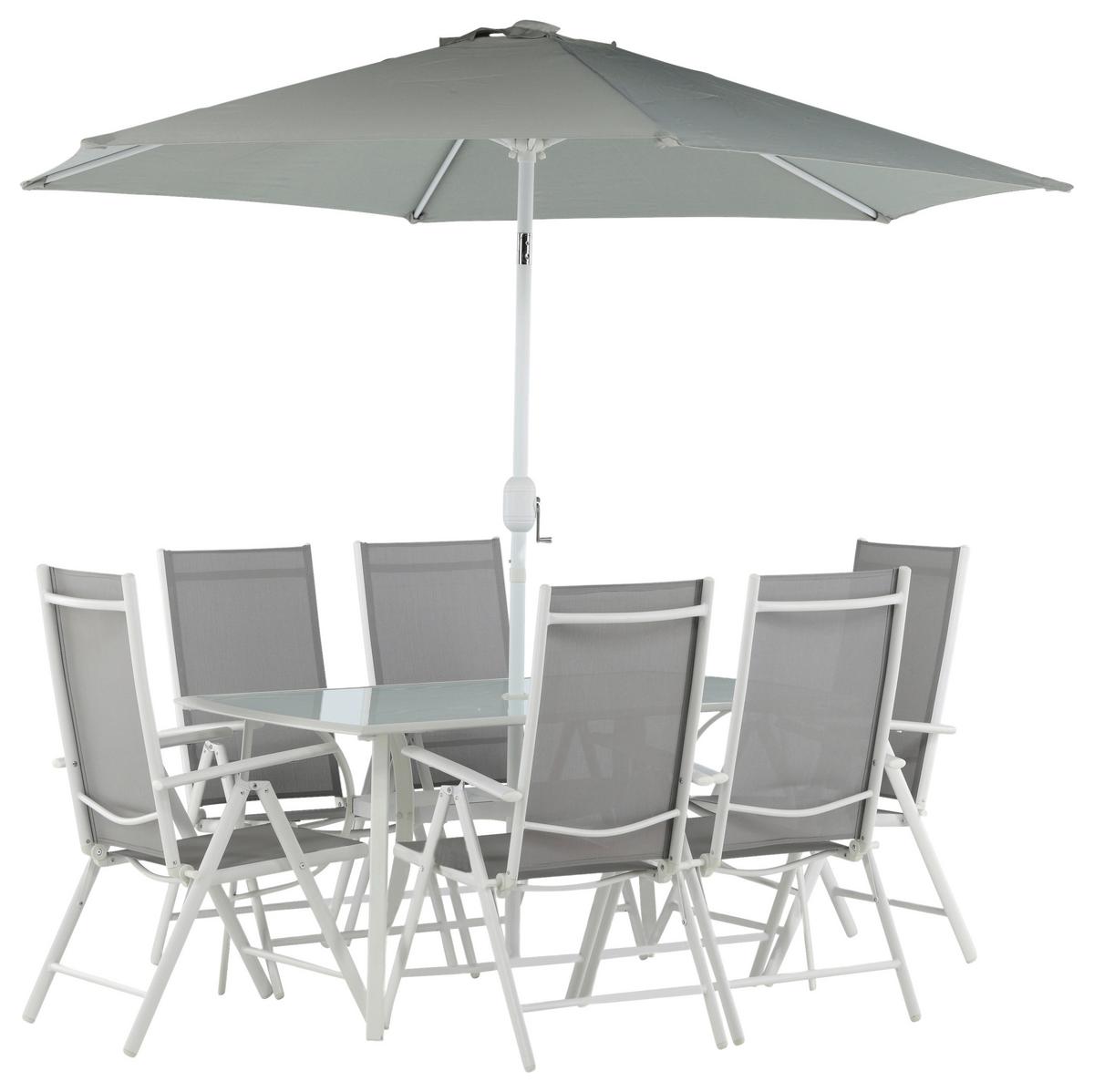 Gartentischgruppe 8-tlg Brekki Aus Aluminium Mit Schirm - Weiß, KONVENTIONELL, Glas/Metall - Gardenson
