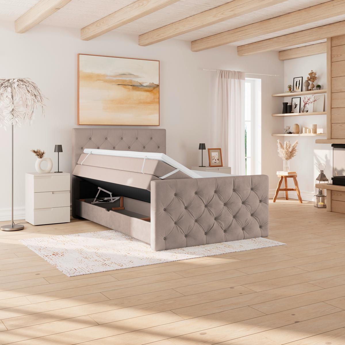 Boxspringbett Elio Beige 140x200 cm H3/H4 - Beige/Schwarz, ROMANTIK / LANDHAUS, Textil (140/200cm) - James Wood