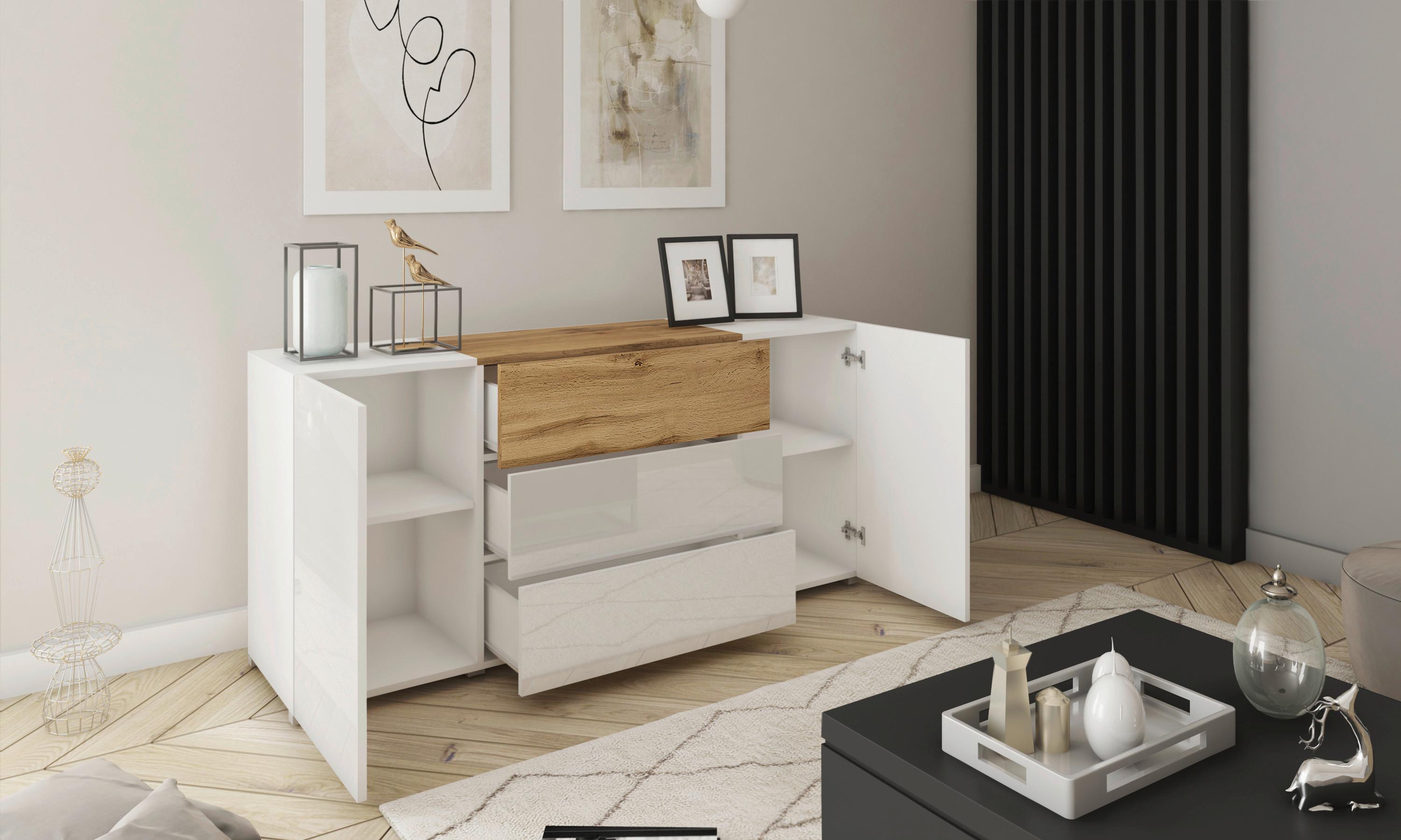 Sideboard Berlin 150 Eiche Wotan/Weiß B: 150 cm - Eiche Wotan/Weiß, Design, Holzwerkstoff (150/68/38,5cm) - MID.YOU