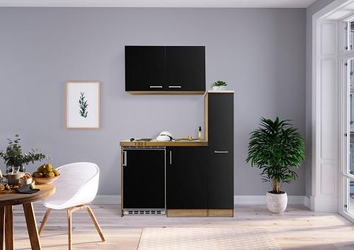 Miniküche mit Kühlschrank + Kochfeld 130 cm Schwarz/Eiche - Edelstahlfarben/Eichefarben, MODERN, Holzwerkstoff/Metall (130cm) - Respekta