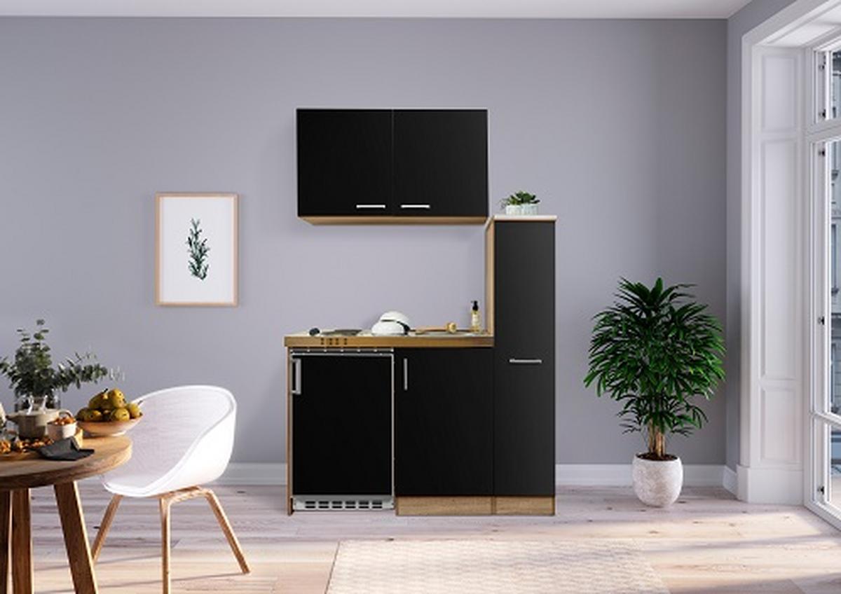 Miniküche M. Kühlschrank + Kochfeld 130 Cm Schwarz/eiche - Edelstahlfarben/Eichefarben, MODERN, Holzwerkstoff/Metall (130cm) - Respekta