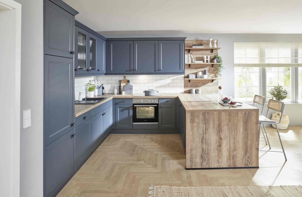 Einbauküche Columbia Frei Planbar Landhausstil - Blau/Eichefarben, MODERN, Holzwerkstoff - Vertico