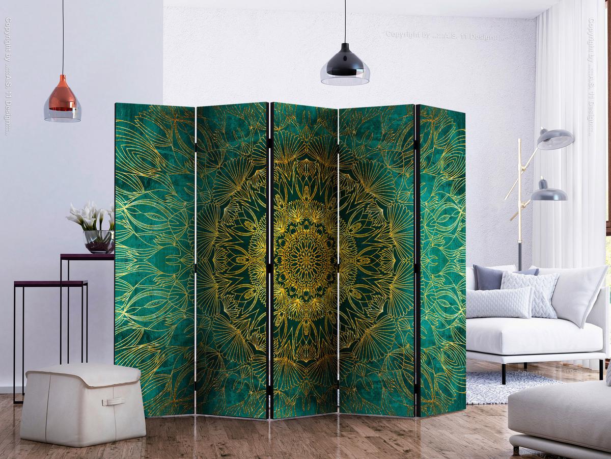 Paravent Türkis Goldfarben B: 225 cm - Türkis/Goldfarben, Basics, Holz/Textil (225/172/3cm) - artgeist