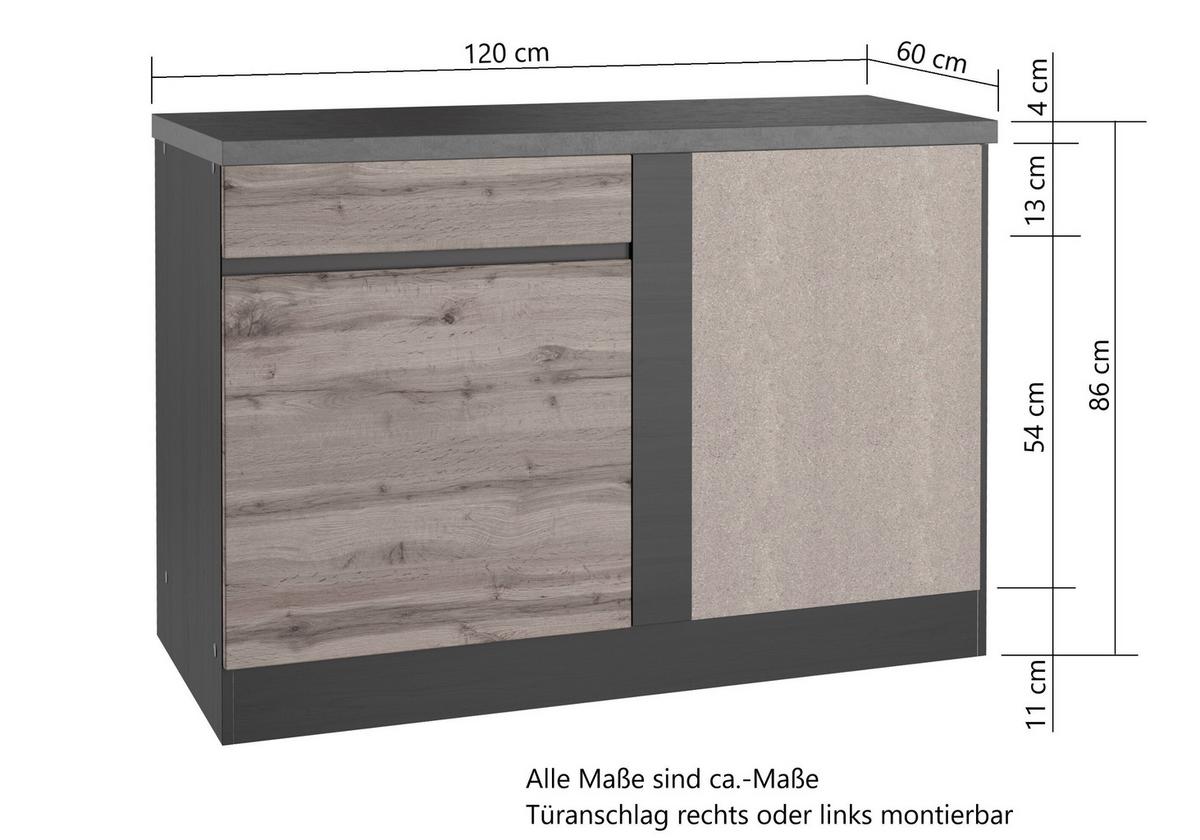 Eckunterschrank Turin B: 120cm Graphitfarben/Eiche Dekor - Eiche Wotan/Graphitfarben, Design, Holzwerkstoff (120/86/60cm) - Held