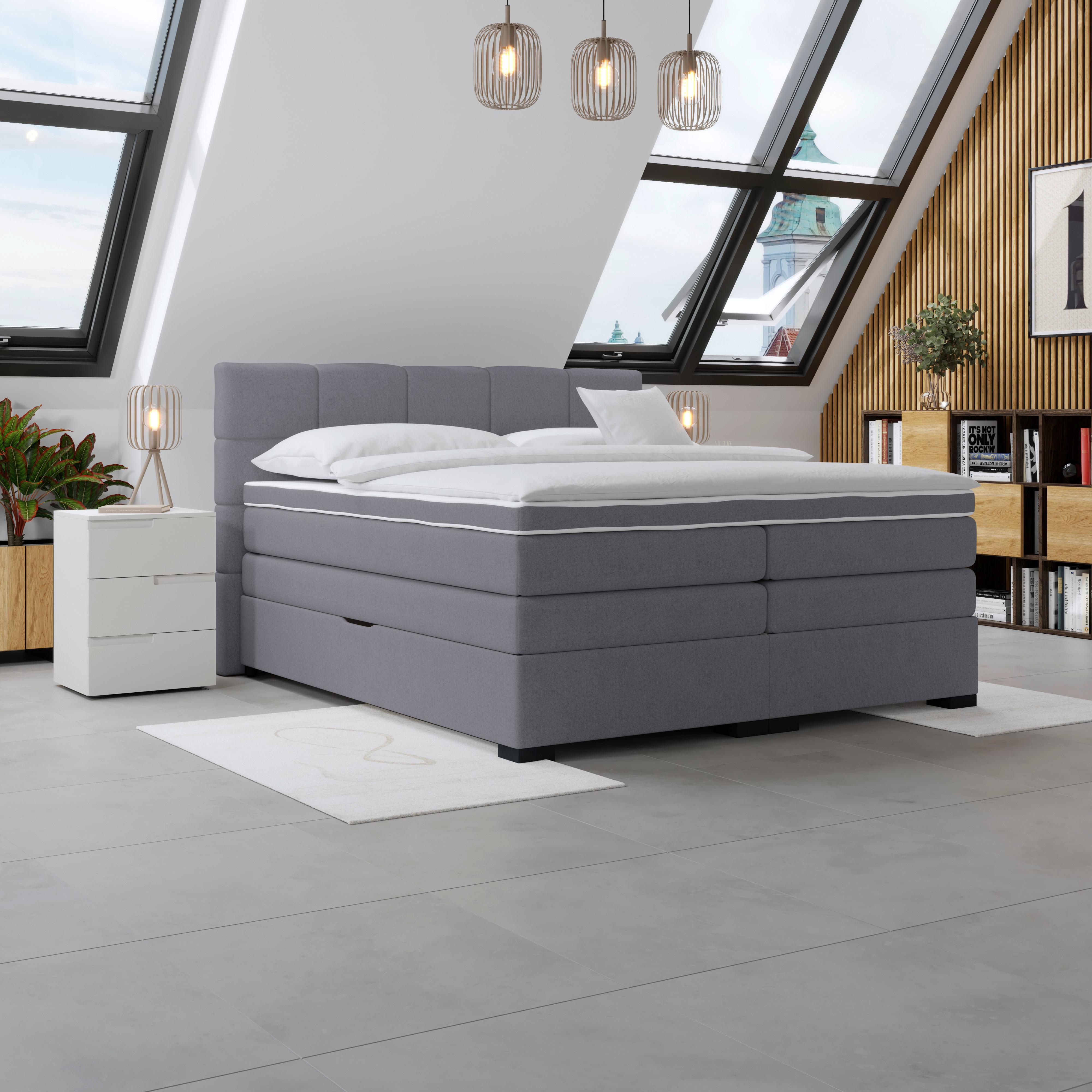 Boxspringbetten mit Topper 200x200 April - Dunkelgrau/Schwarz, MODERN, Textil (200/200cm)