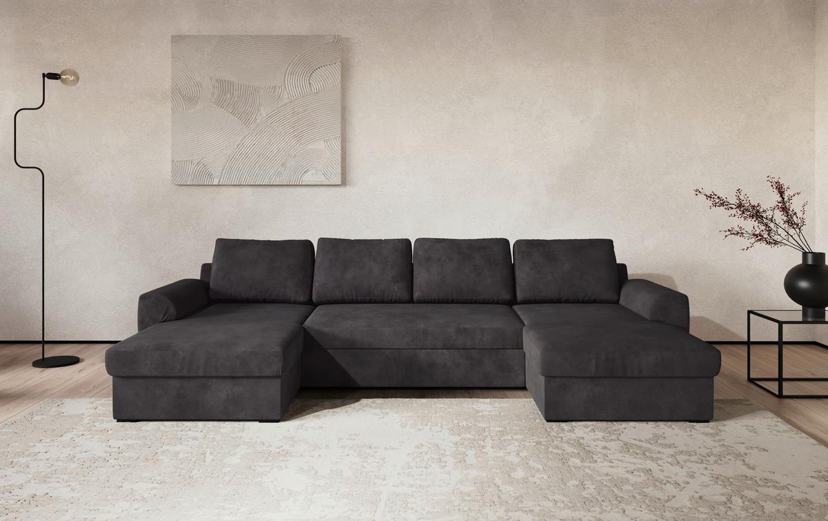 Wohnlandschaft m. Bettfunktion Mikrofaser schwarz, B: 327cm - Schwarz, Trend, Textil (154/327/86cm) - MID.YOU
