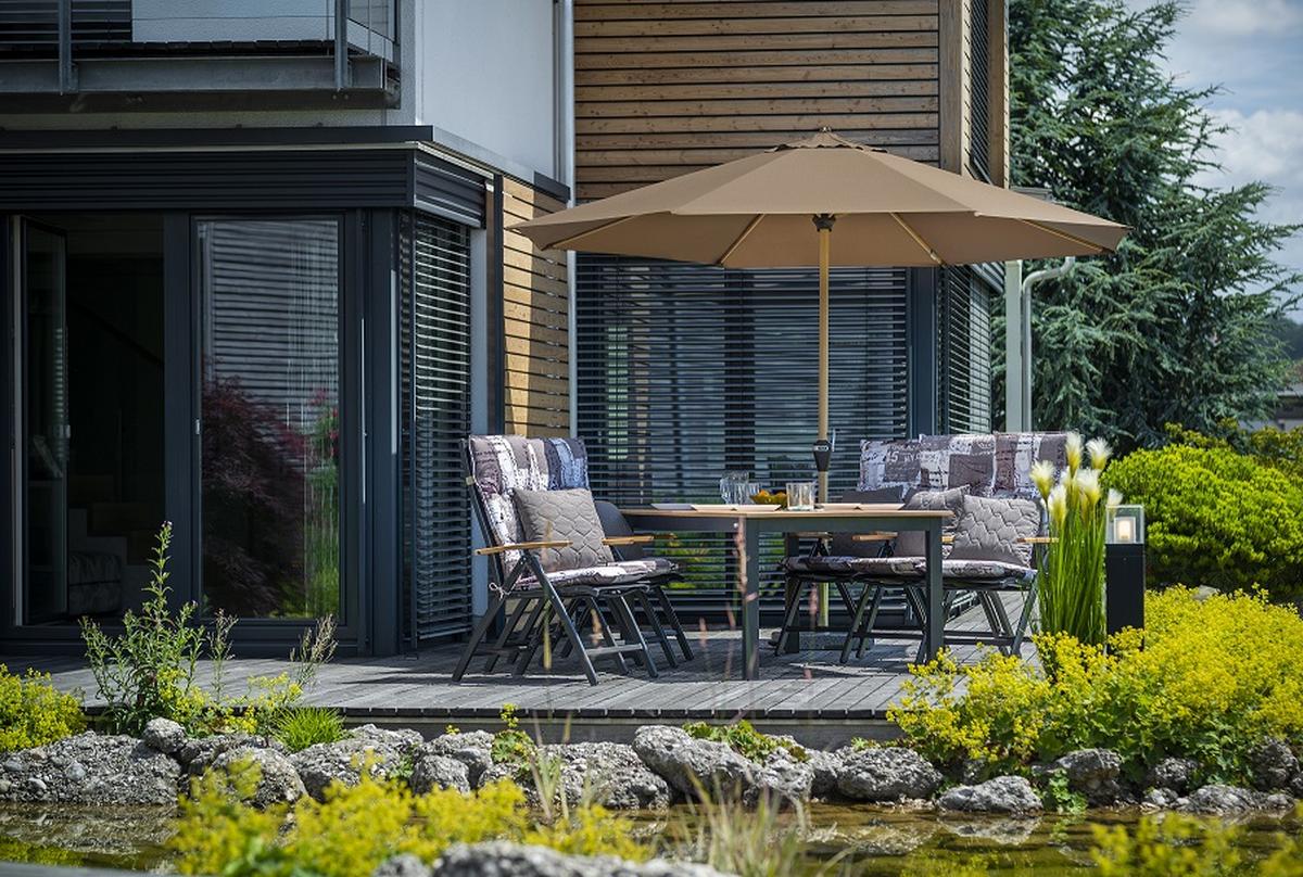 Sonnenschirm Ø: ca. 350 cm, mit Kurbel - Greige/Eschefarben, Basics, Textil/Metall (350/350cm) - Doppler