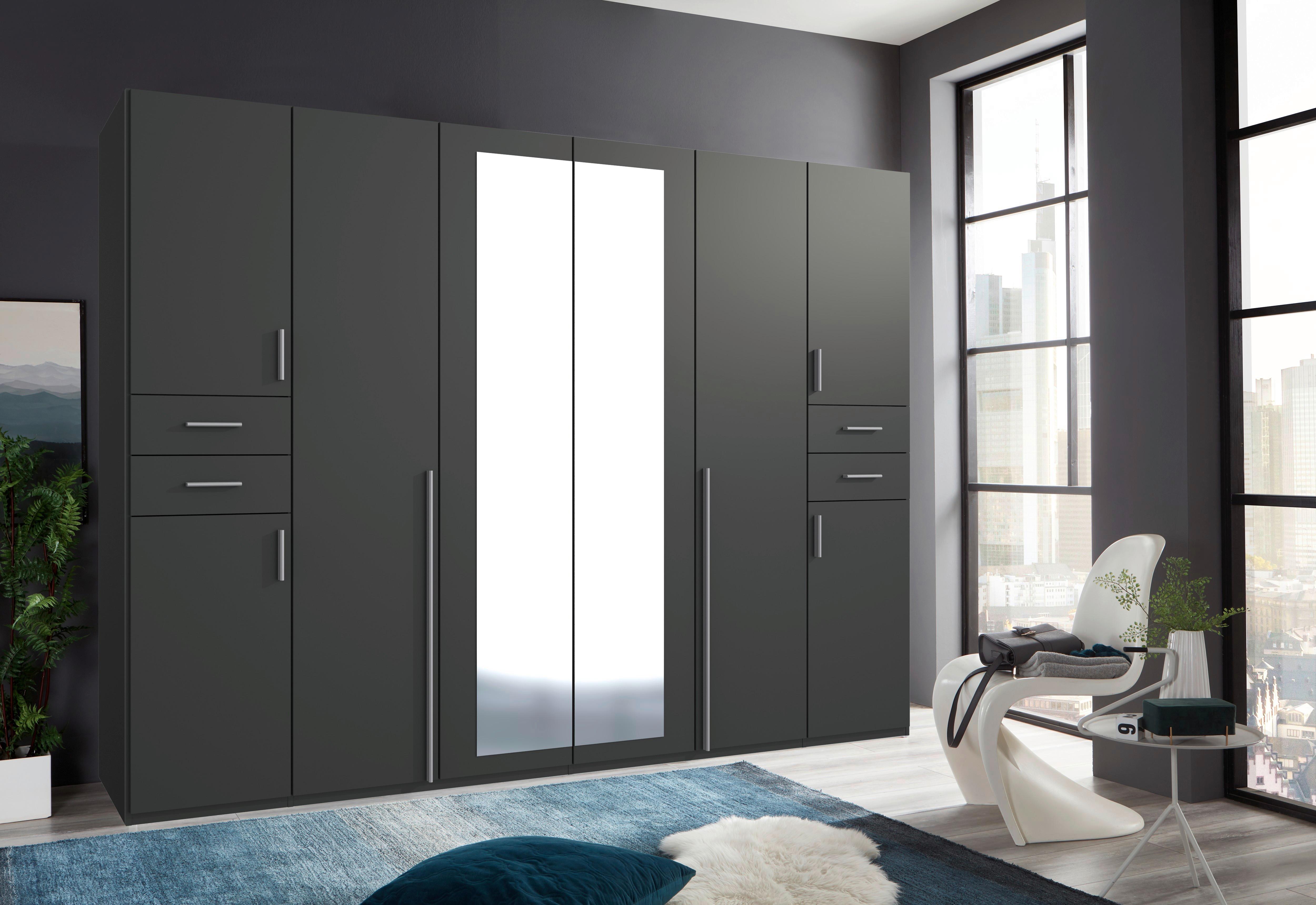 Drehtürenschrank Mit Spiegel + Laden B: 270 cm Vegas, Graphit - Graphitfarben/Weiß, Basics, Holzwerkstoff (270/208/58cm) - MID.YOU