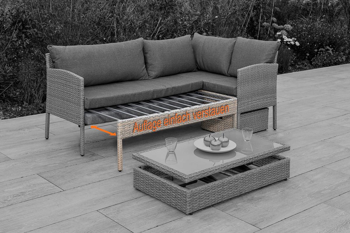 Loungegarnitur Viletta Aus Kunststoffgeflecht mit Kissen - Beige, MODERN, Glas/Kunststoff (190/113cm) - Gardenson
