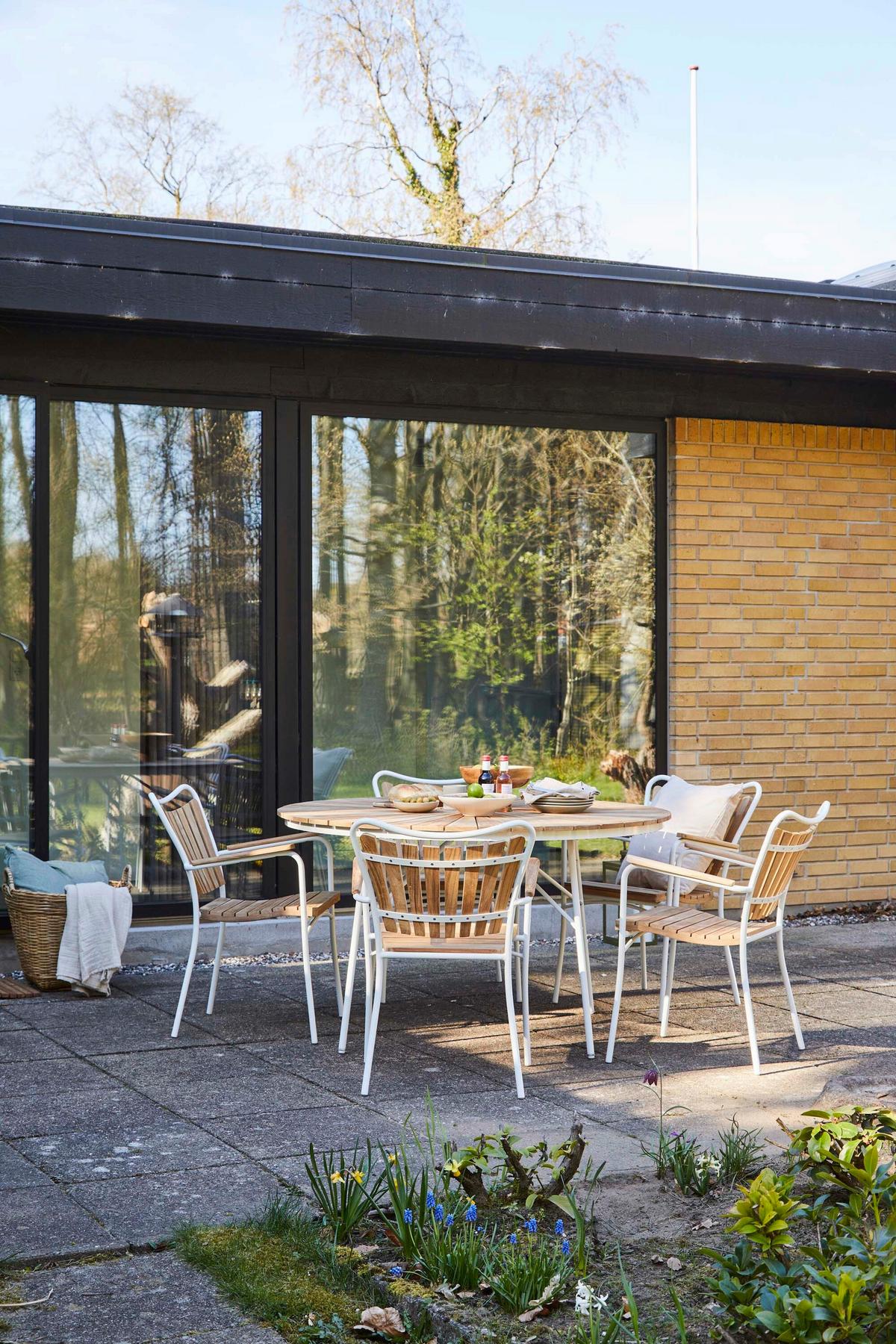 Gartentischgruppe Ellen 6tlg Metall/Holz, Natur/Weiß - Weiß Hochglanz/Teakfarben, Natur, Holz/Metall (180/180/78cm) - Gardenson