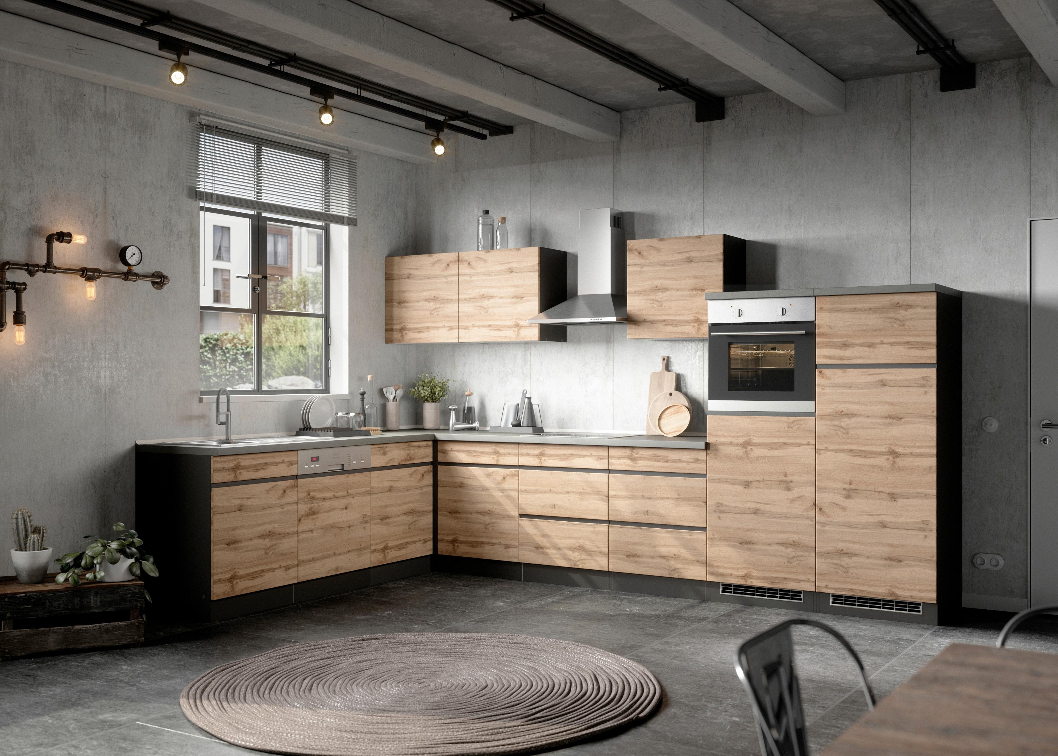 Eckküche Turin mit Geräten 360x240 cm Graphit/Eiche Dekor - Eiche Wotan/Graphitfarben, Design, Holzwerkstoff (240/360cm) - Held