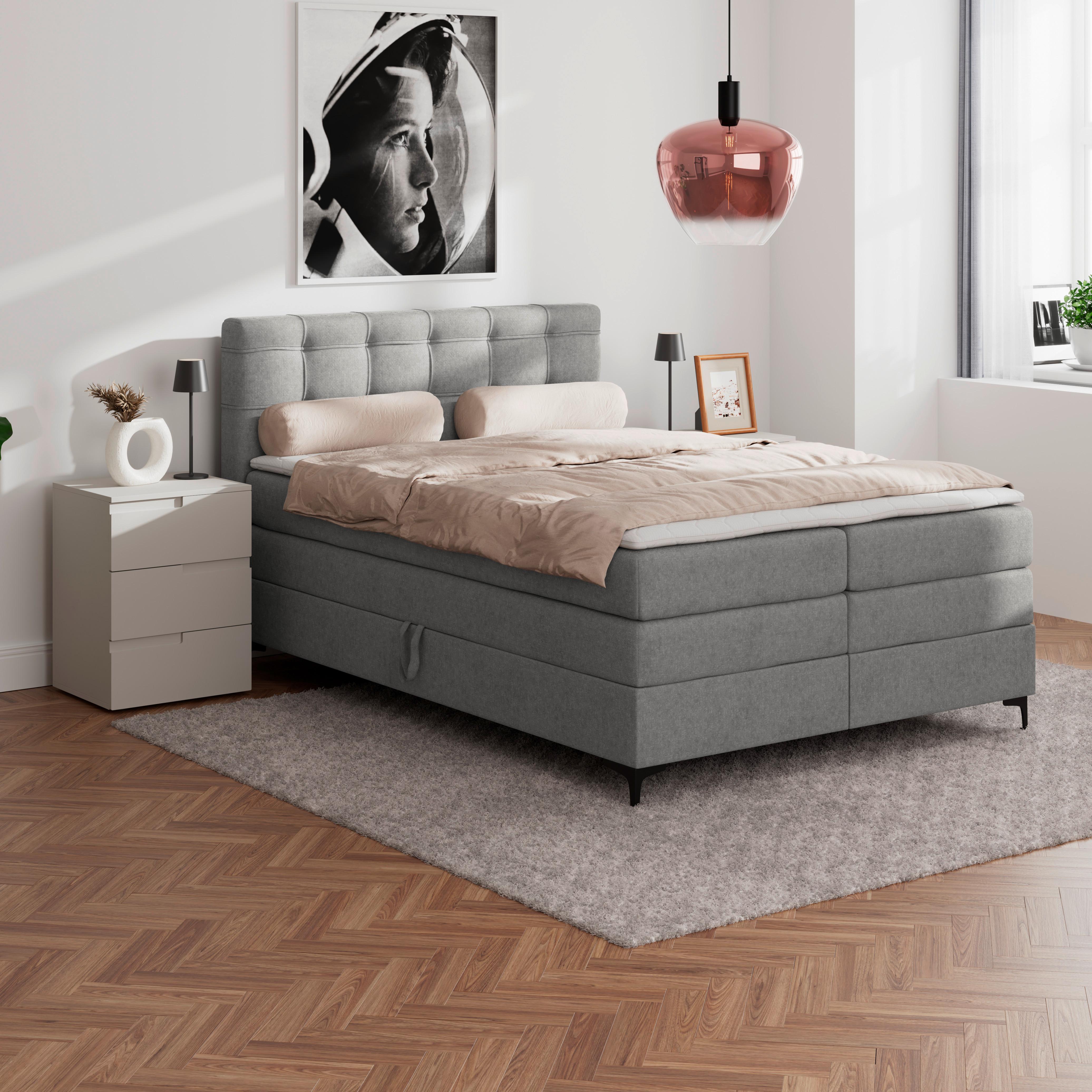Boxspringbett MITTO Grau 140x200 cm - Schwarz/Grau, KONVENTIONELL, Textil/Metall (140/200cm)