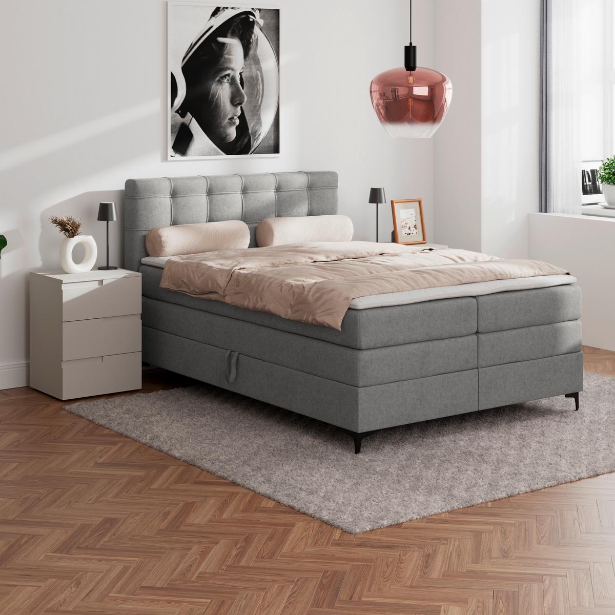 Boxspringbett MITTO Grau 140x200 cm - Schwarz/Grau, KONVENTIONELL, Textil/Metall (140/200cm)
