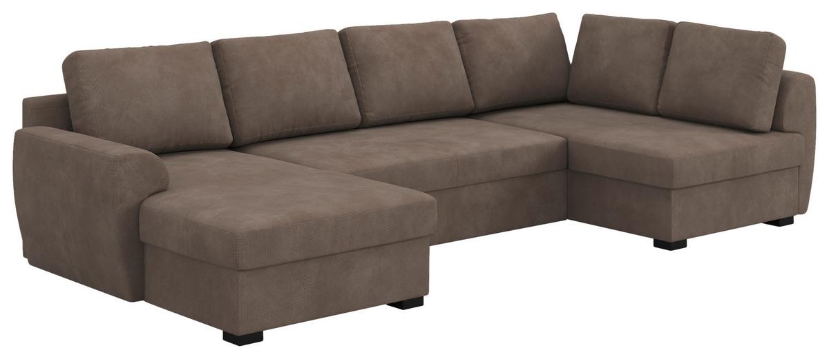 Wohnlandschaft m. Bettfunktion Mirkrofaser taupe, B: 327cm - Taupe/Schwarz, Trend, Textil (154/327/86cm) - MID.YOU