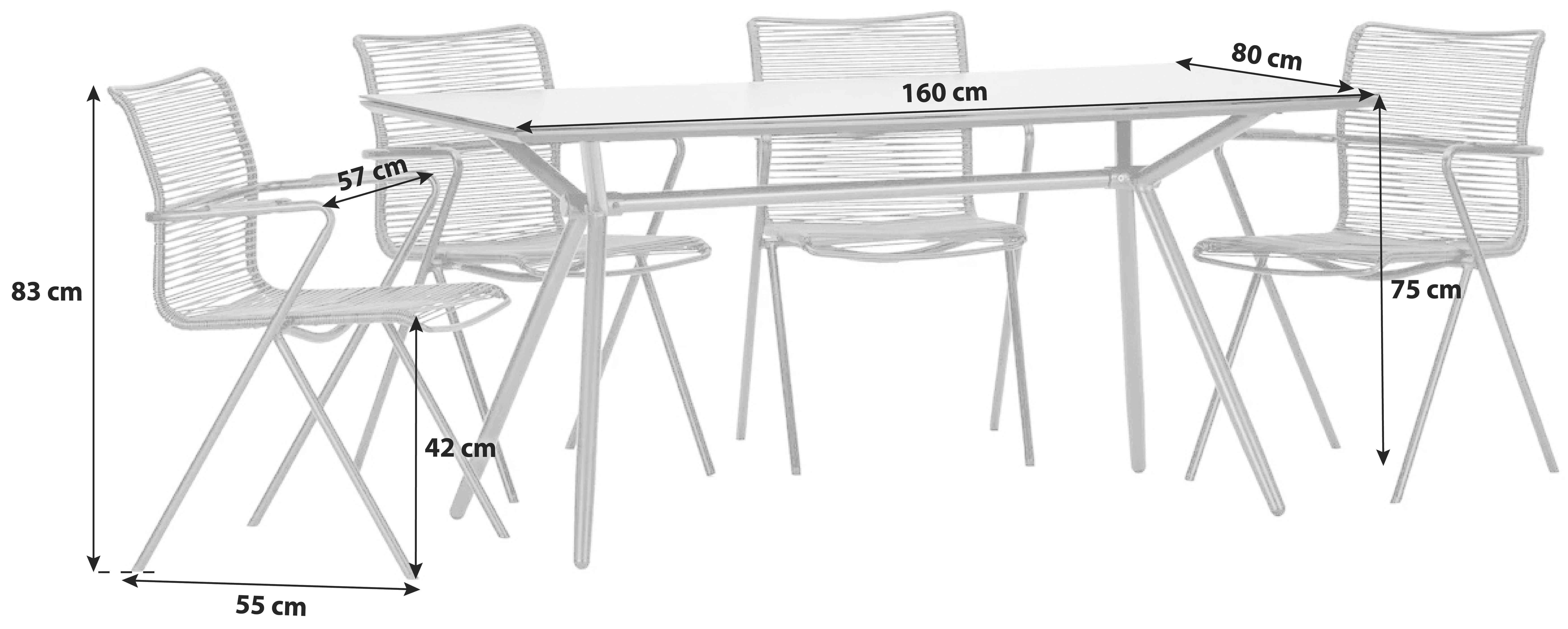 Großer Gartentisch mit vier stapelbaren Stühlen