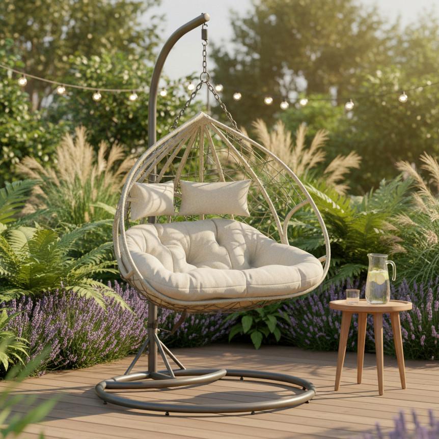 ZÁVESNÉ KRESLO ENEA - sivá/krémová, Modern, kov/textil (133/205/120cm) - Bessagi Garden