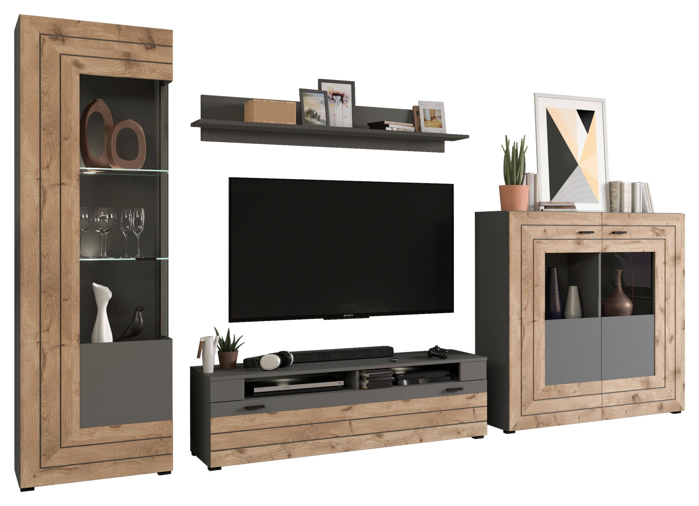 Wohnwand Freno Nox Oak B: 350 cm - KONVENTIONELL, Glas/Holzwerkstoff (350/195/40cm) - MID.YOU