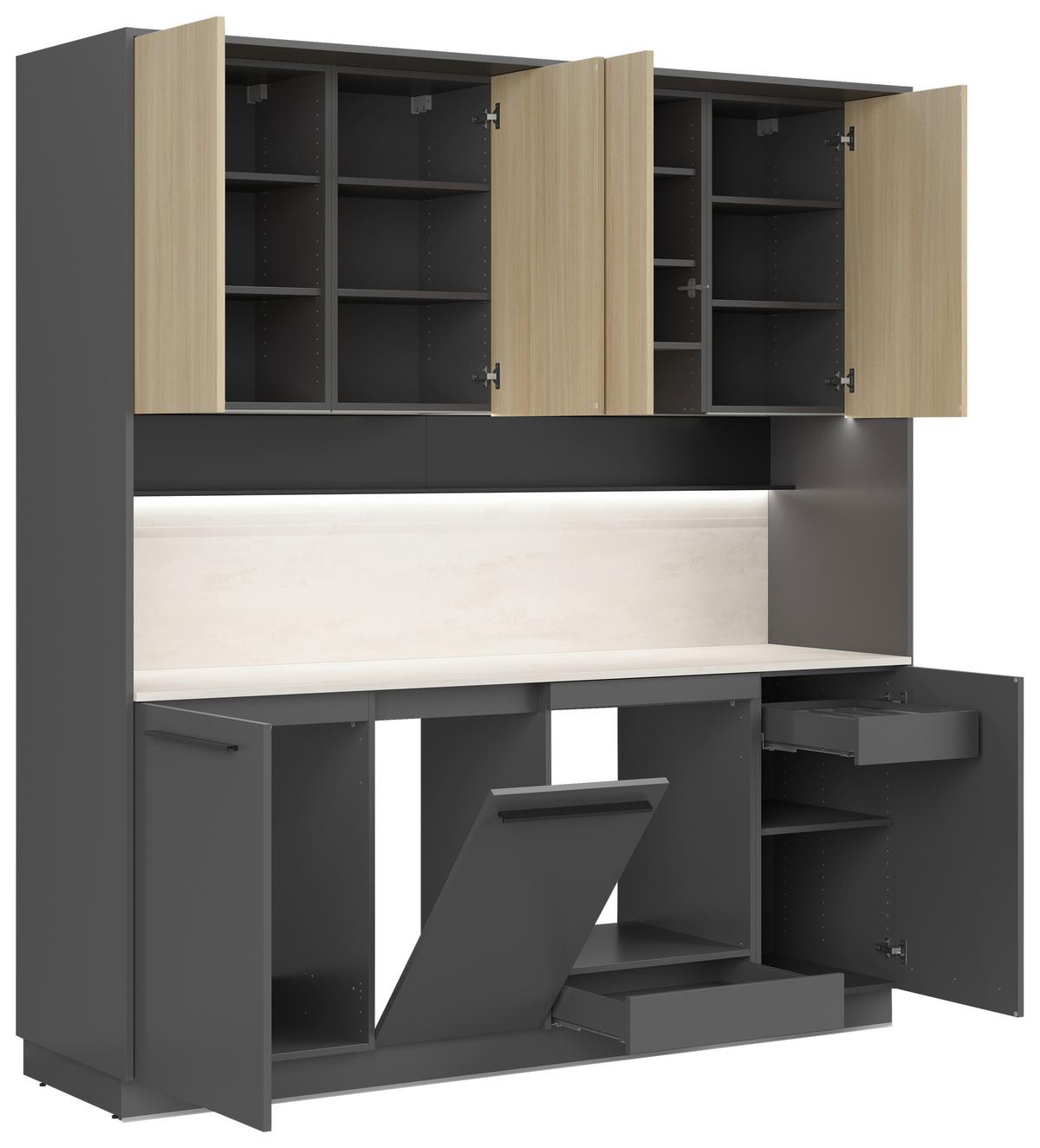 Kuchynská linka, š.210 cm, vr.pasparty a dekorač.obkladu - čierna/sivá, Basics, kompozitné drevo/plast (210cm) - Visiona