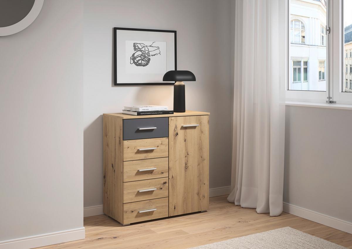 Kommode Foster Eiche Artisan Dekor, B: 80cm - Alufarben/Eiche Artisan, KONVENTIONELL, Holzwerkstoff (80/84/40cm)