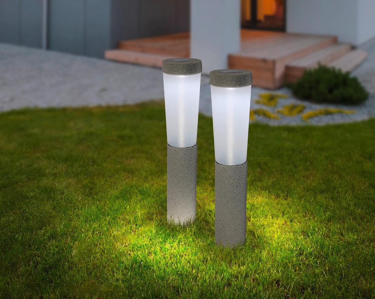 2 X Solarleuchte Mit Erdspieß Rund Grau 2x Tageslichtweiß - Grau, Design, Kunststoff (7,7/45,6cm) - Globo